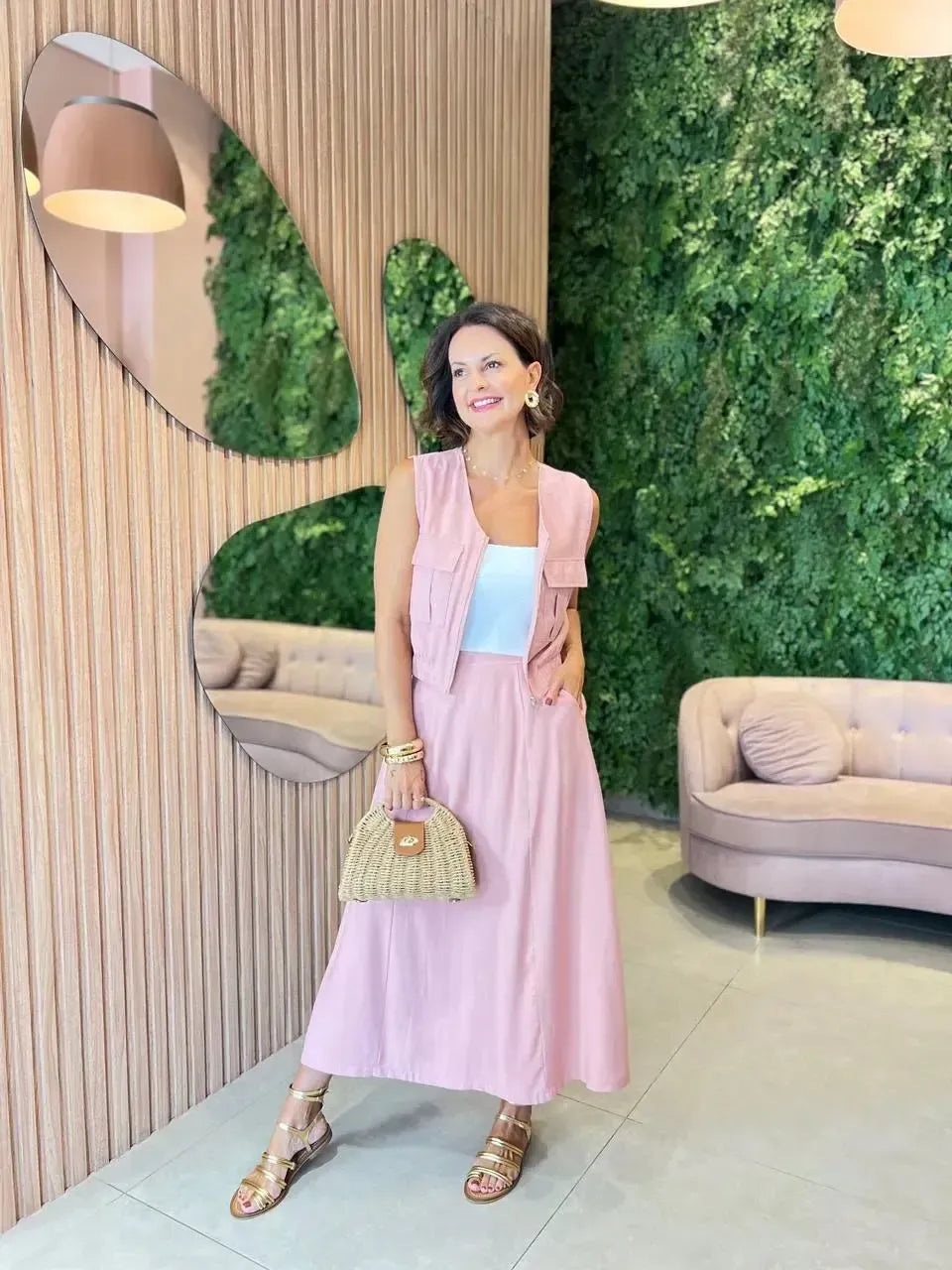 Conjunto Saia + Cropped com ziper, Rosa