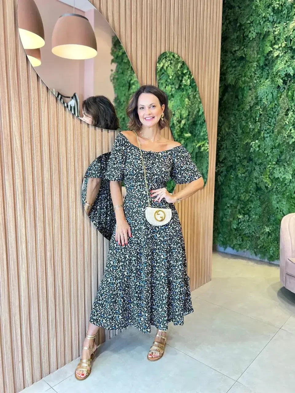 Vestido em viscolinho Midi com amarração, Preto floral