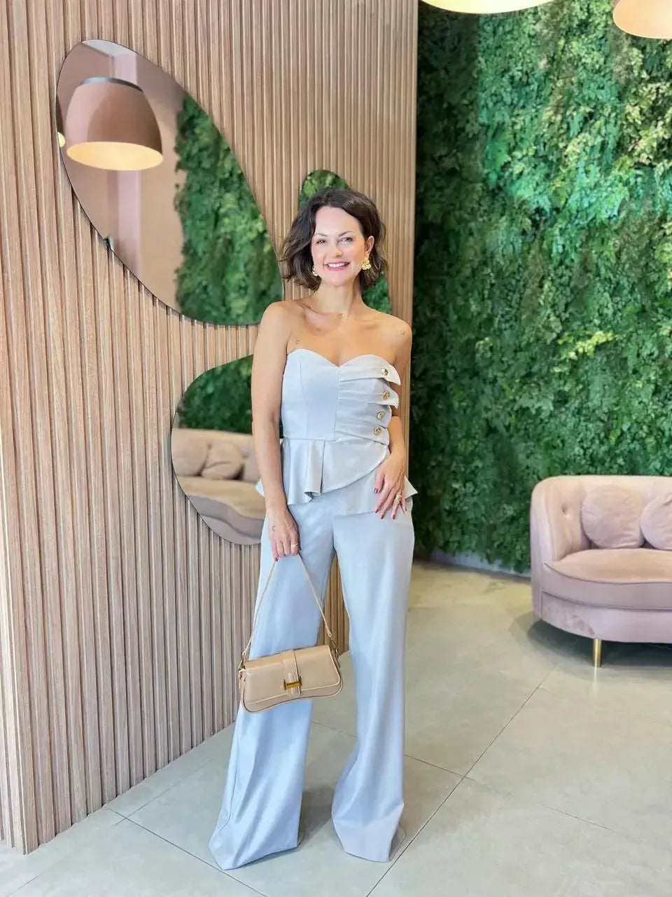 Conjunto Calça + Blusa sem alça com botões, Cinza