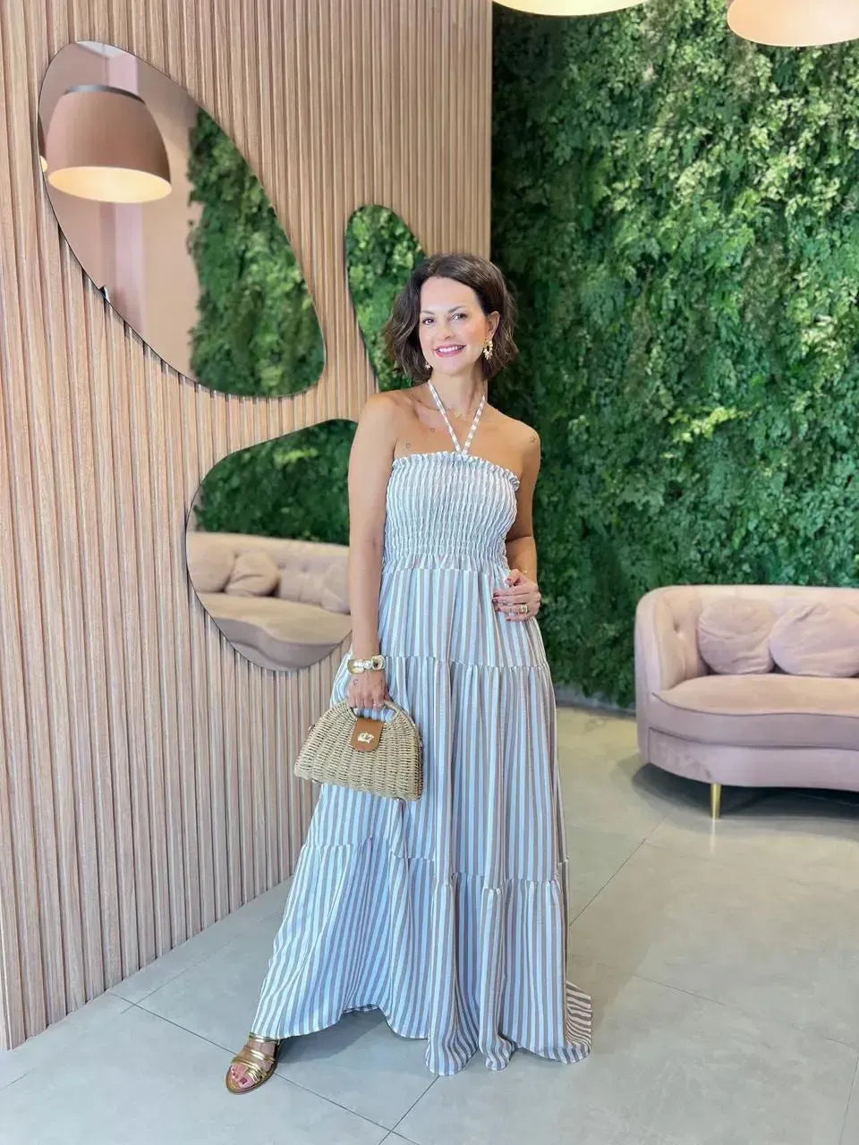 Vestido Frente unica Listrado, Nude