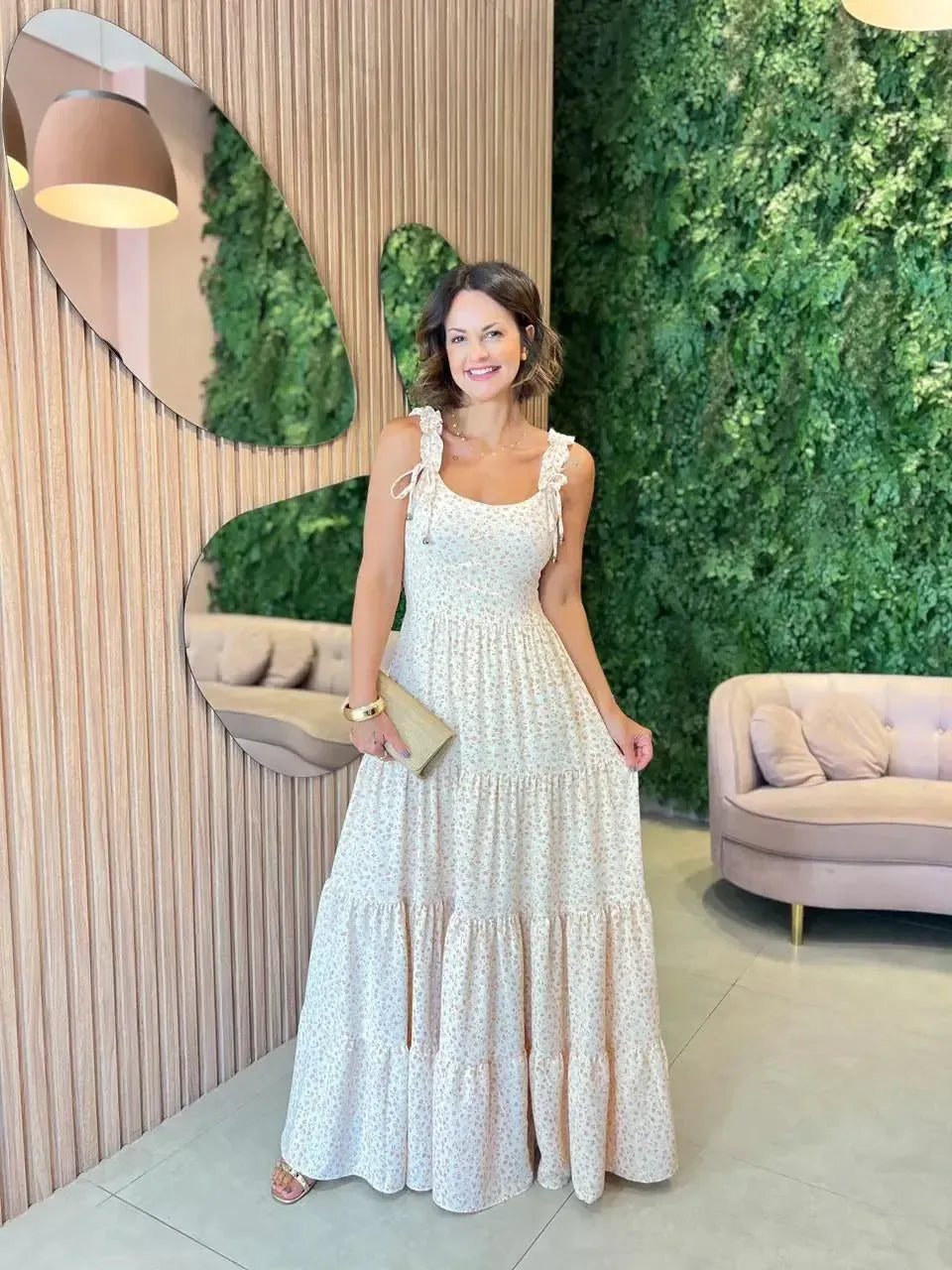 Vestido Longo Alça Franzida, Off com floral laranja