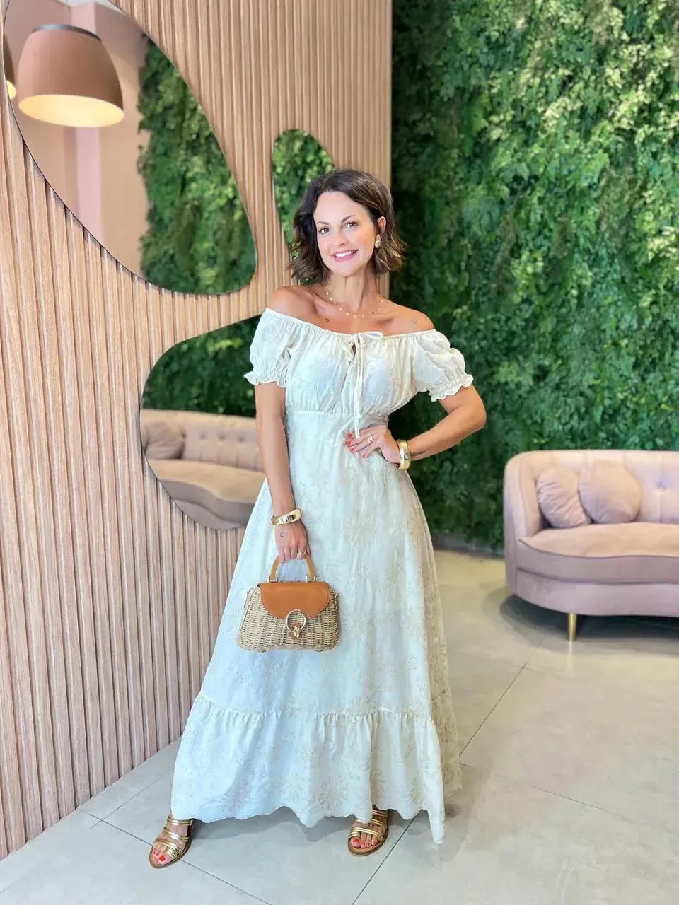 Vestido Longo em Lessie com Manga, Cru