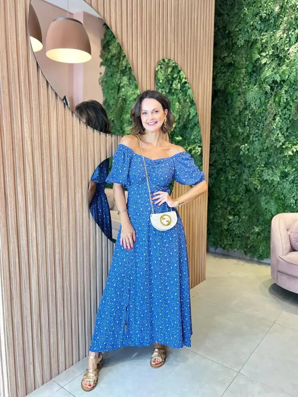 Vestido em viscolinho Midi , Azul floral